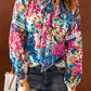 Multicolor Floral Print Belt Bubble Sleeve Top