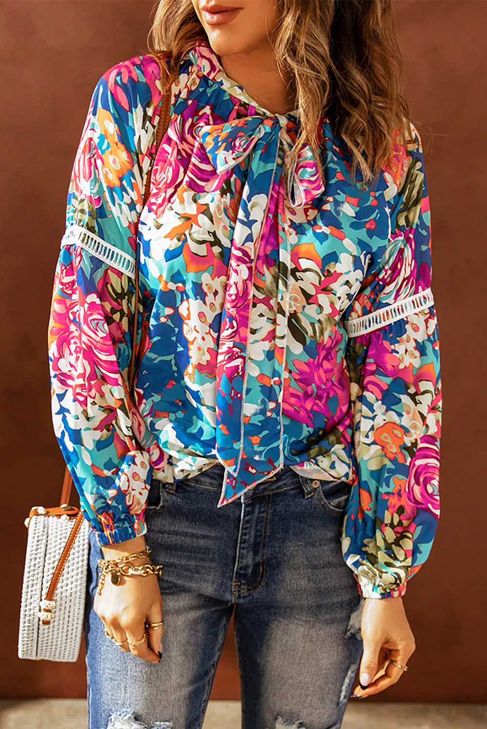 Multicolor Floral Print Belt Bubble Sleeve Top