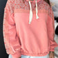 Pink Floral Pattern Splice Drawstring Hoodie