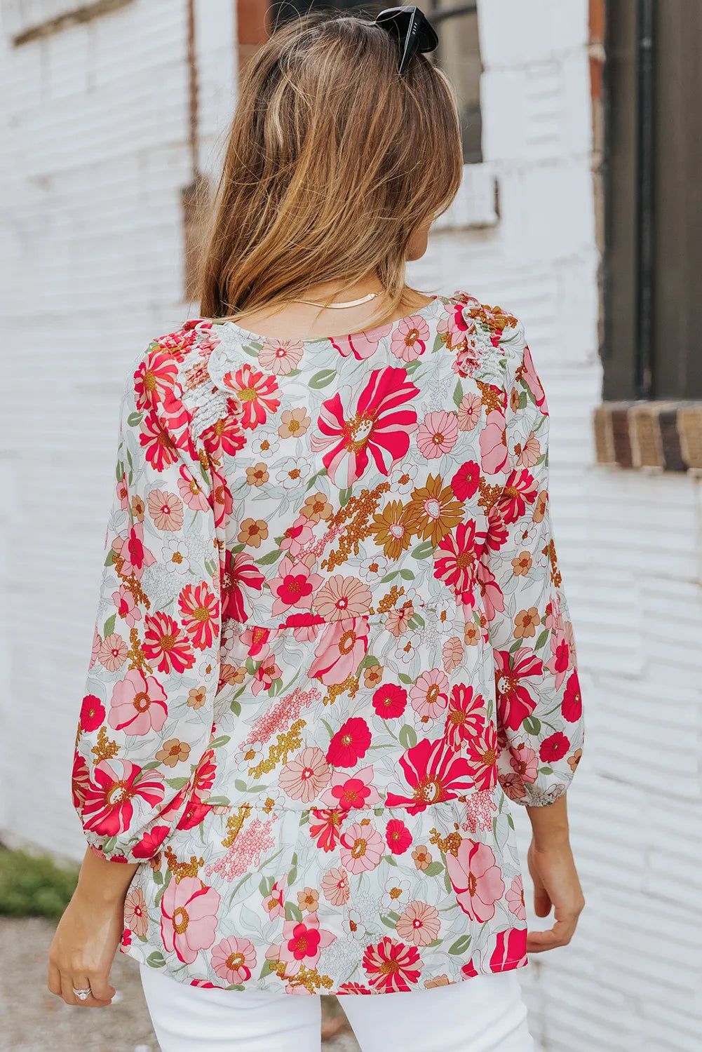 Floral Print Ruched V Neck Babydoll Blouse