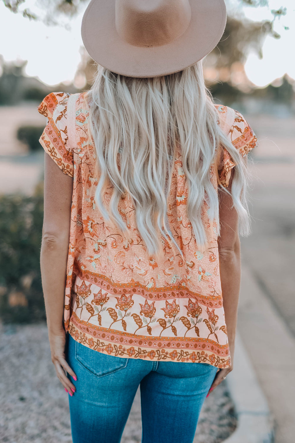 Orange Floral Print Ruffled Crew Neck Sleeveless Top