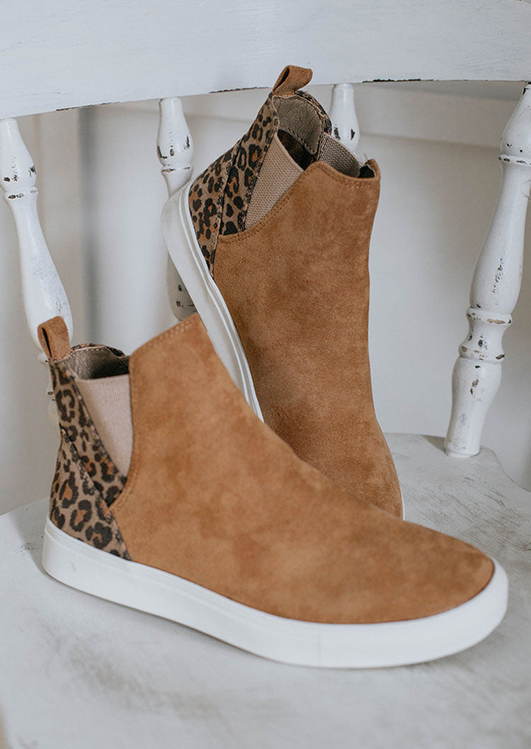 Brown Leopard Color Block Faux Suede Slip On Shoes