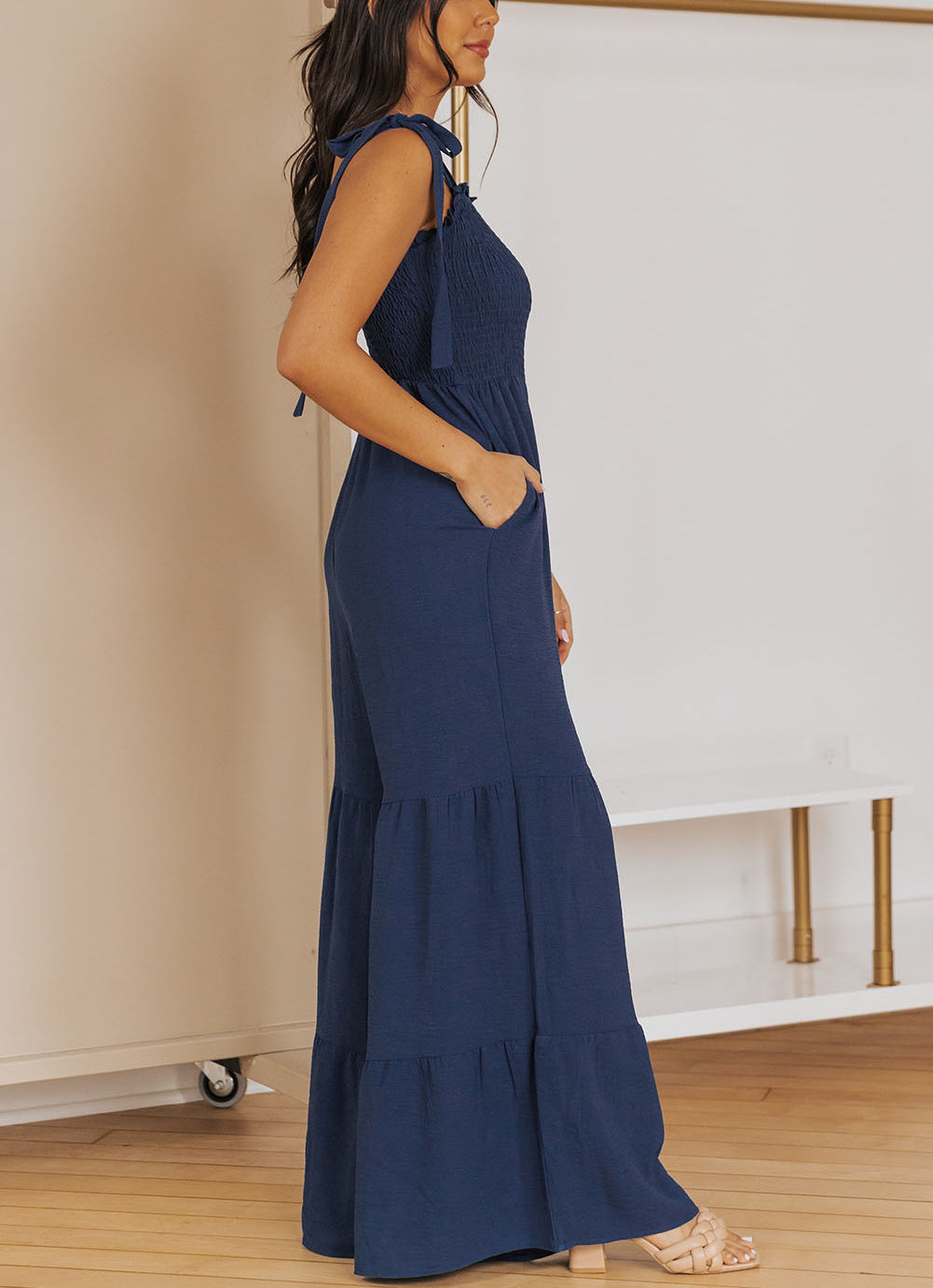 Blue Tie Straps Shirred Bodice Tiered Wide Leg Jumpsuit