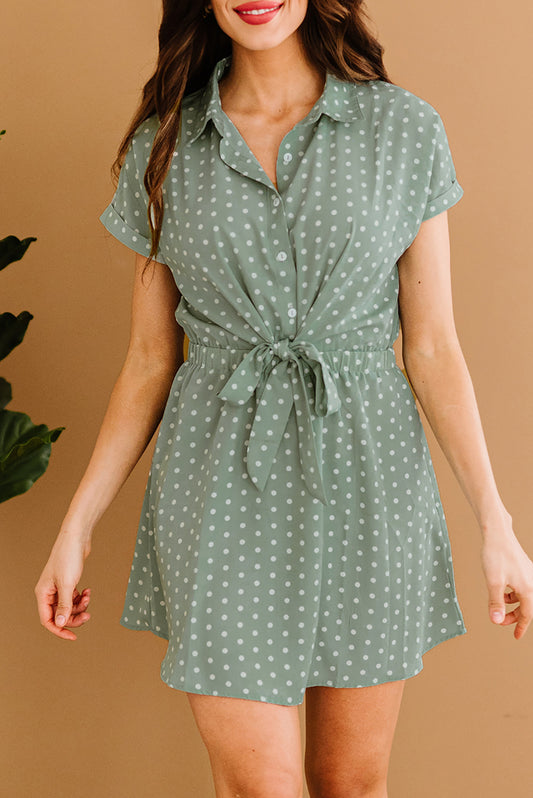 Dot Shirt Collar Short Sleeve Mini Dress