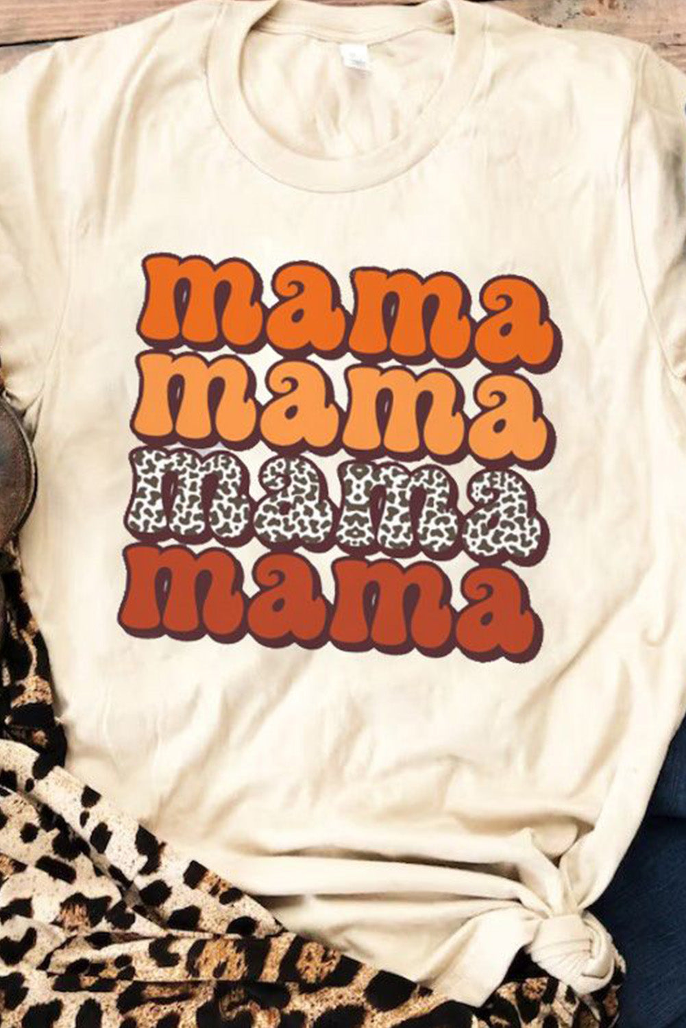 Khaki mama Leopard Print Crew Neck Graphic T Shirt