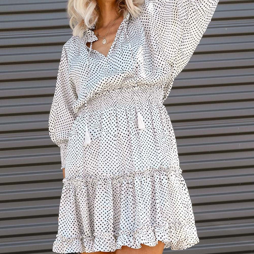 Polka Dot Fringed Tie V-neck Ruffle Dress