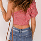 Pink Floral Print Shirred Ruffled One Shoulder Crop Top