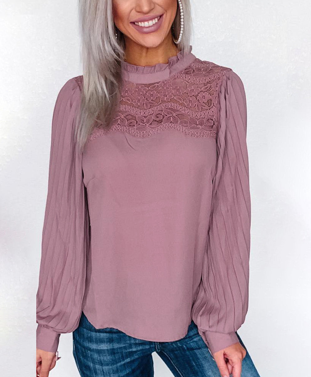 Ruffled Crewneck Lantern Sleeve Splicing Lace Blouse