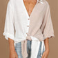White V Neck Collared Curved Hem Contrast Colorblock Shirt