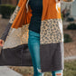 Orange Colorblock Leopard Print Patchwork Knit Cardigan