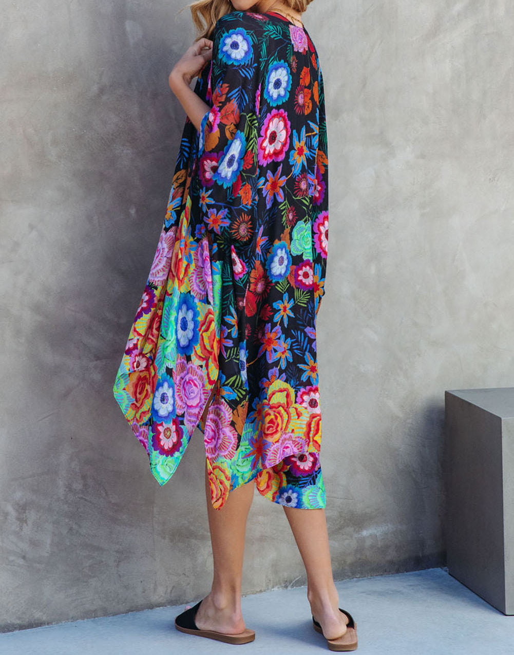 Floral Print Half Sleeve Open Front Kimono