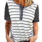 White Striped Colorblock Buttons T Shirt