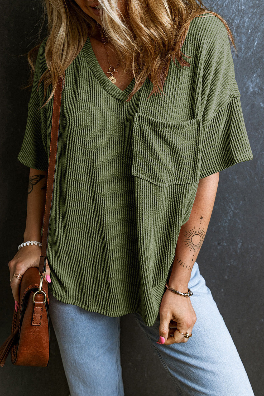 V Neck Chest Pocket Loose T-shirt