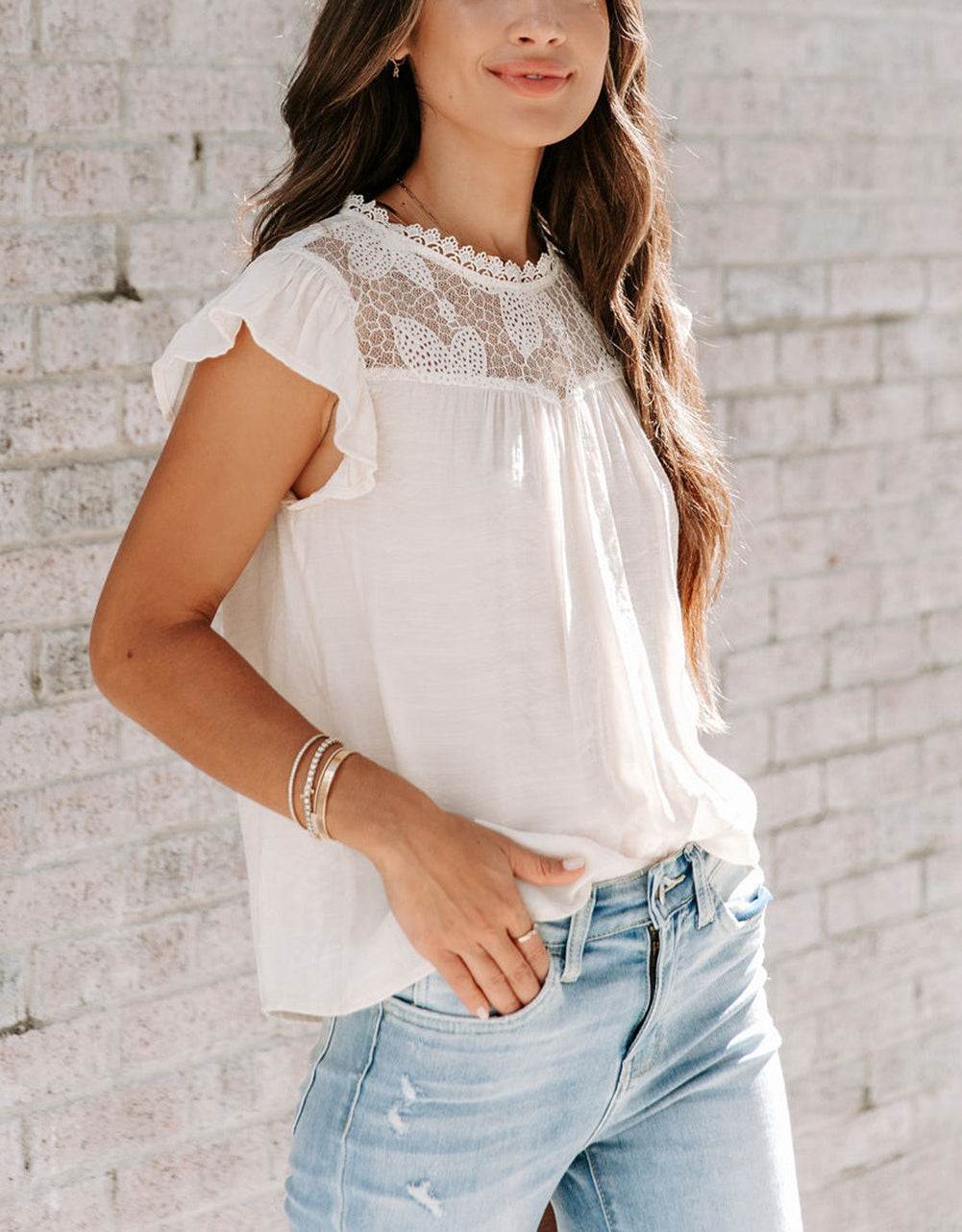 Beige Lace Crochet Patchwork Flutter Sleeve Babydoll Blouse