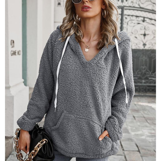 Winter solid color fleece hooded sweatshirt