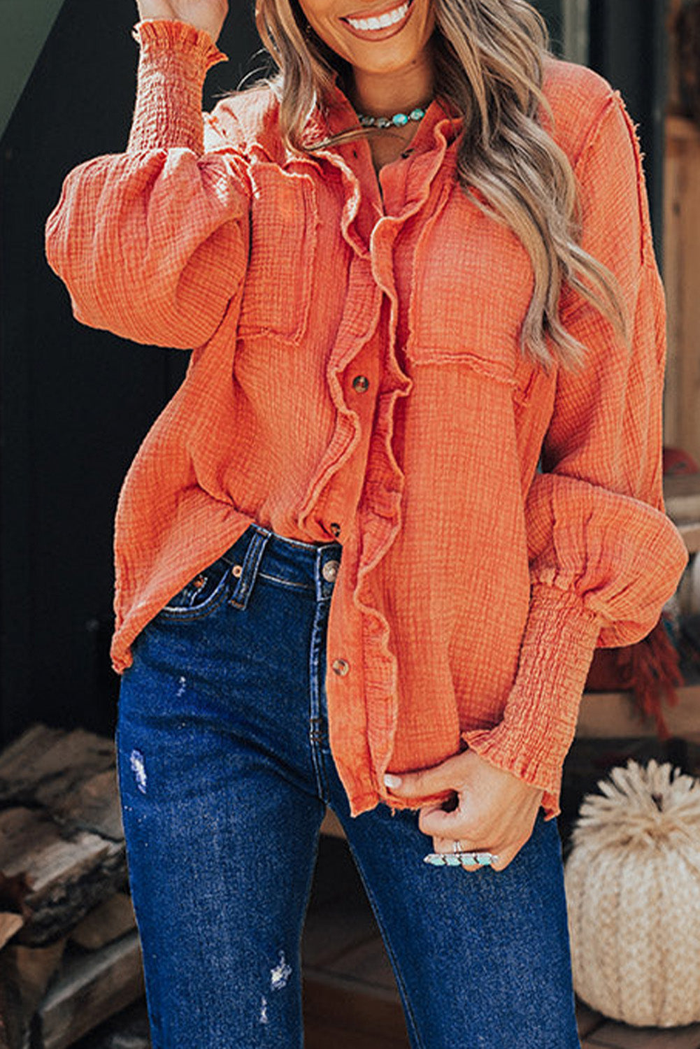 Orange Ruffled Shirred Waffle Knit Pocketed Long Sleeve Shirt