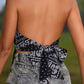 Black Paisley Print Fringe Trim Halter Tank Top
