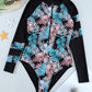 Leaves Print Zip-up Long Sleeve Surf Rash Guard Swimwear