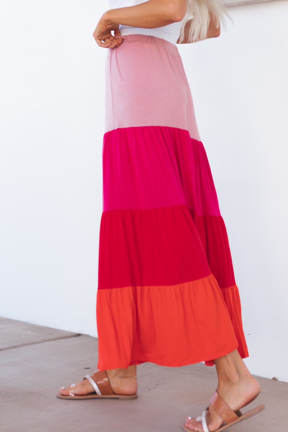 Pink Color Block Tiered Drawstring High Waist Maxi Skirt