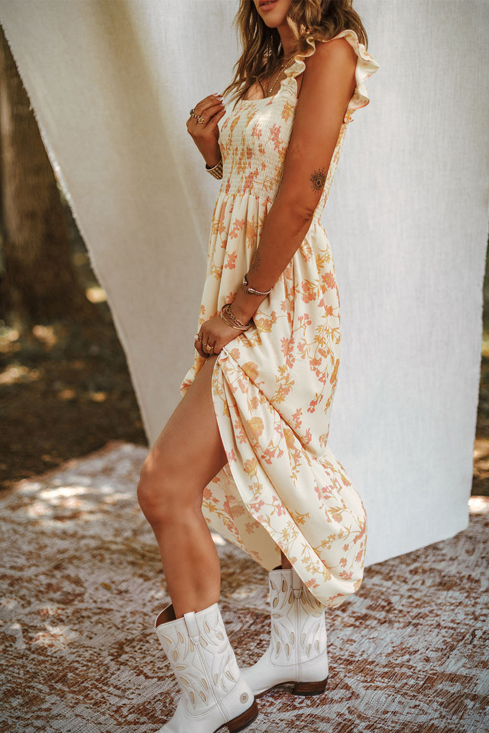 White Ruffle Shoulder Straps Smocked Bodice Printed Dress