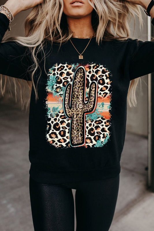 Black Cactus Leopard Graphic Print Long Sleeve Sweatshirt