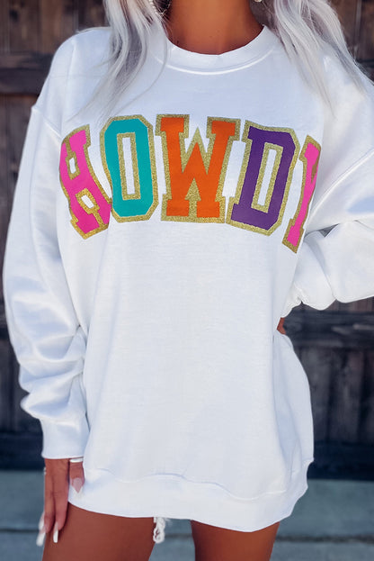 White HOWDY Letter Color Block Print Oversized Sweatshirt