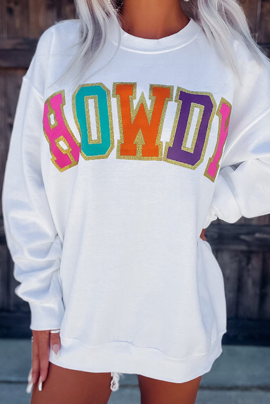 White HOWDY Letter Color Block Print Oversized Sweatshirt