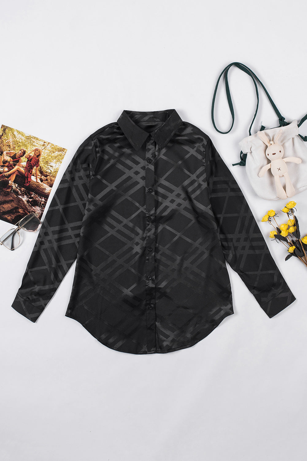 Black Shiny Satin Buttons Shirt