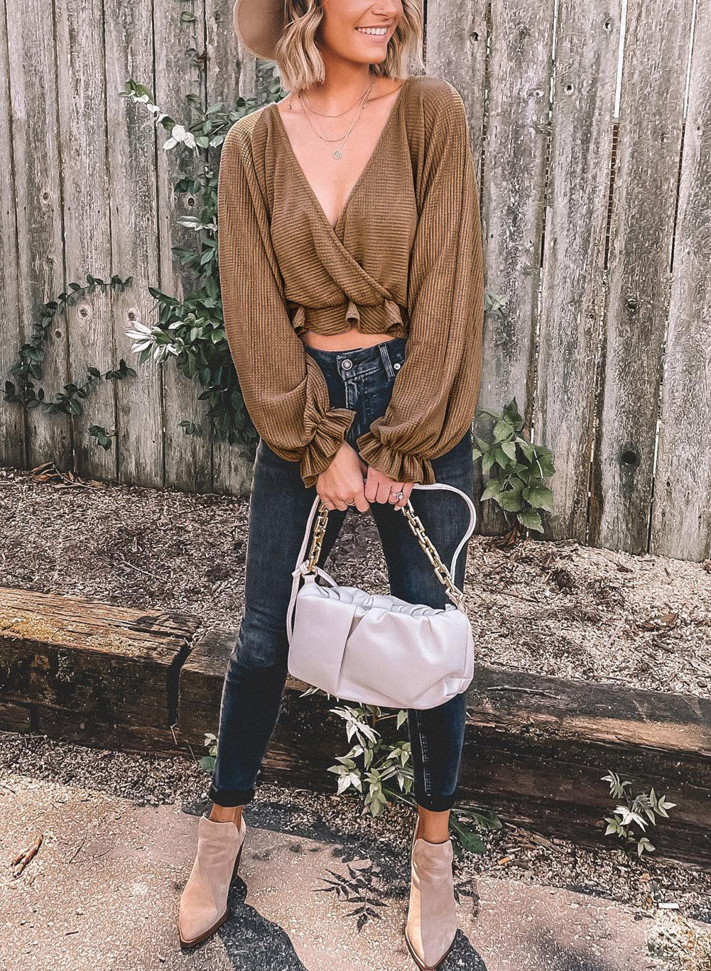 Khaki Waffle Knit Ruffled Cropped Wrap V Neck Blouse