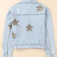 Leopard Star Distressed Cropped Denim Jacket