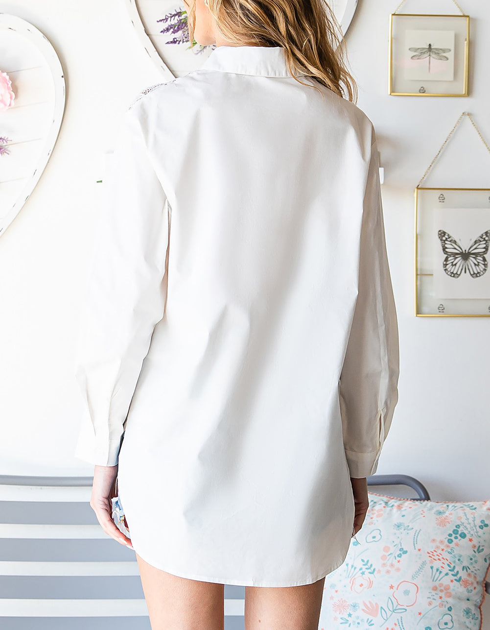 White Lace Crochet Splicing Button Up Shirt