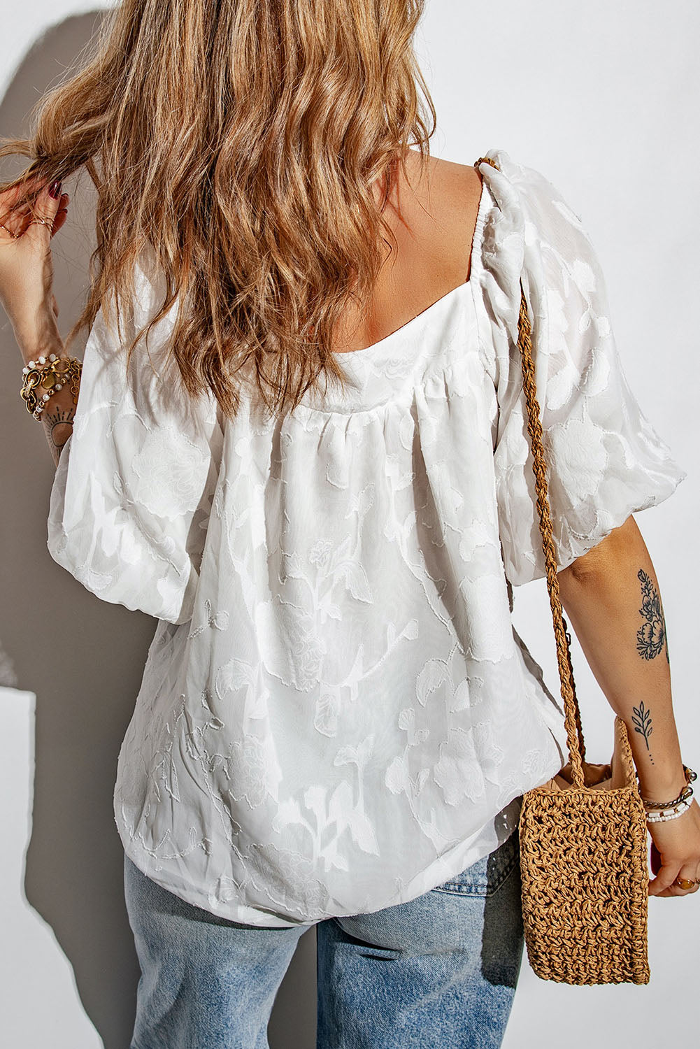 Lush Printed Balloon Sleeve Ruched Chiffon Top