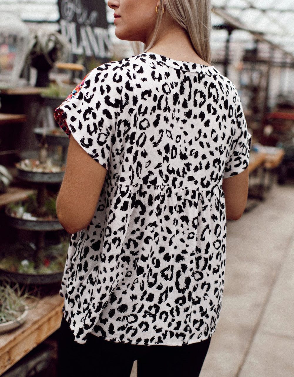 Leopard Mix Print Tassel Tie Blouse