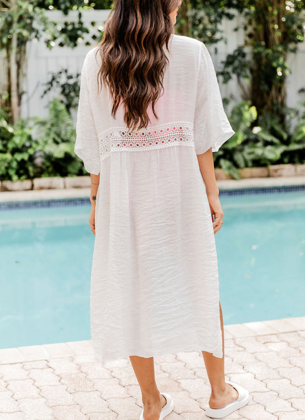 White Cut Out Drawstring Half Sleeve Beach Cover Up