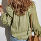 Green Split V Neck Ruffled Bubble Sleeves Blouse