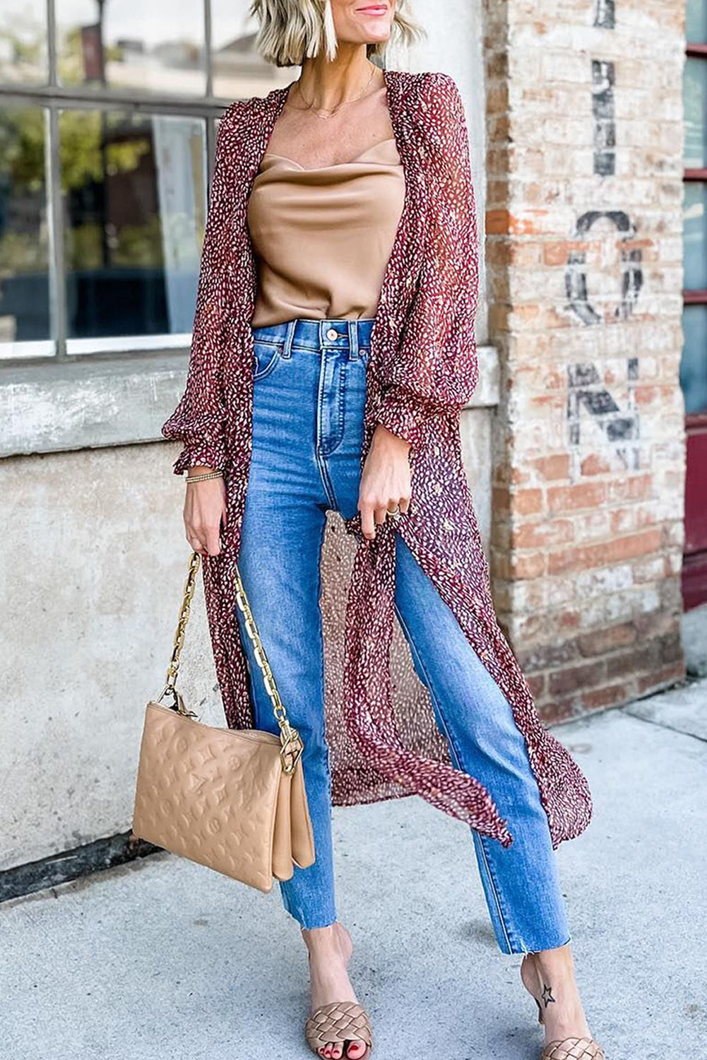 Dotted Print Tie Waist Long Cover Up