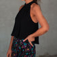 Black Halter Neck Pleated Tank Top