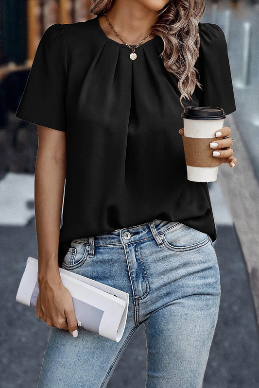 Black Solid Pleated Keyhole Short Sleeve T Shirt