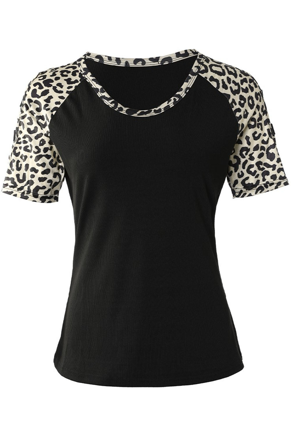 Black Leopard Color Block Cut Out Short Sleeve Top