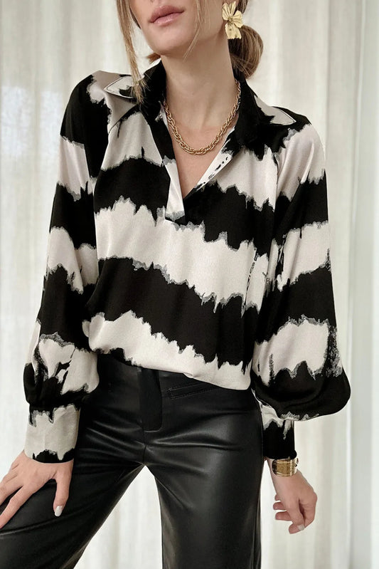Black Striped Turn Down Collar Balloon Sleeve Blouse