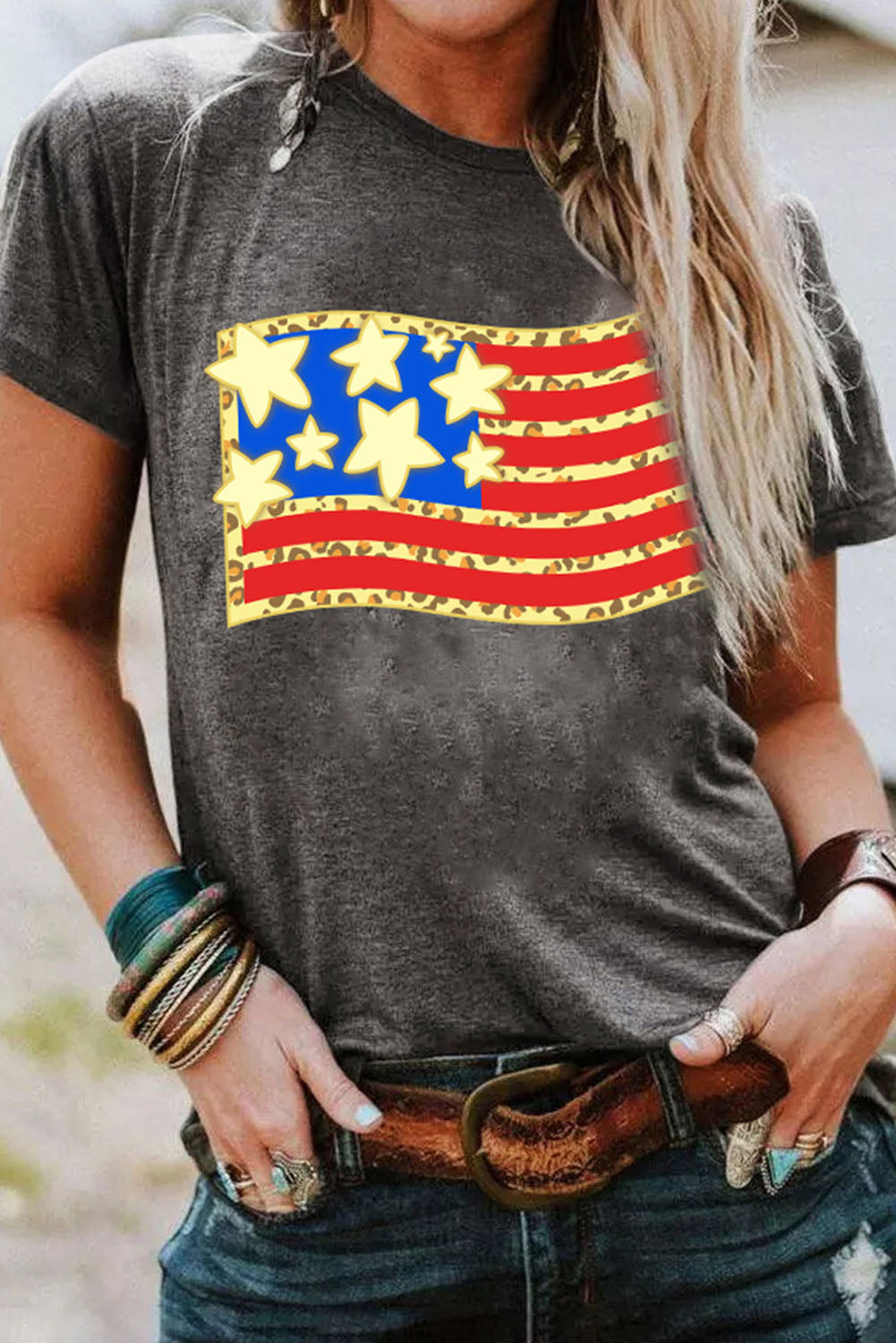 Gray Leopard Flag Graphic Print T Shirt