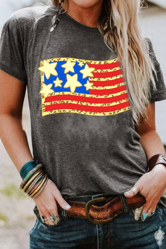 Gray Leopard Flag Graphic Print T Shirt