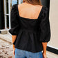 Black Textured Square Neck Puff Sleeve Peplum Blouse