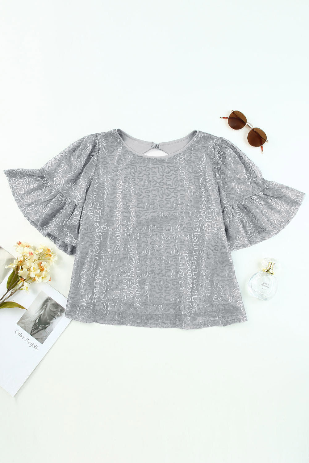 Gray Ruffled Sleeves Sequin Blouse