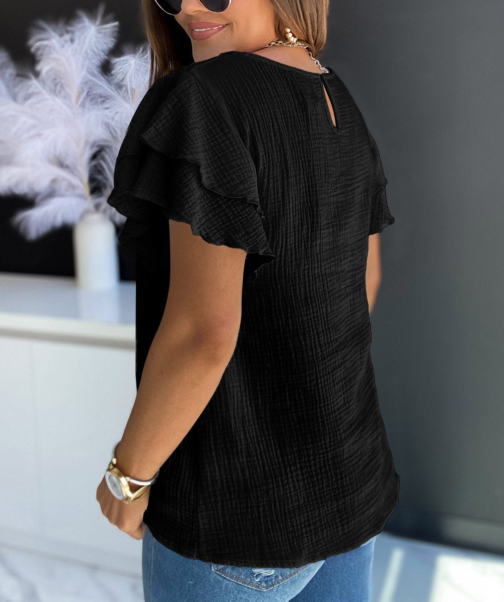 Textured Tiered Ruffled Short Sleeve Blouse