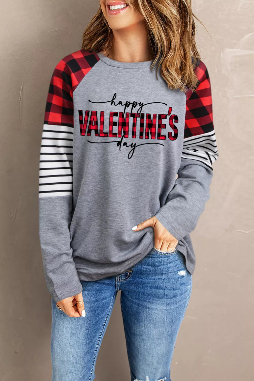 Gray Happy Valentine Day Graphic Buffalo Plaid & Stripe Top