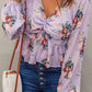 V Neck Balloon Sleeve Twist Front Floral Blouse
