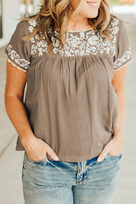 Gray Short Sleeve Embroidered Blouse