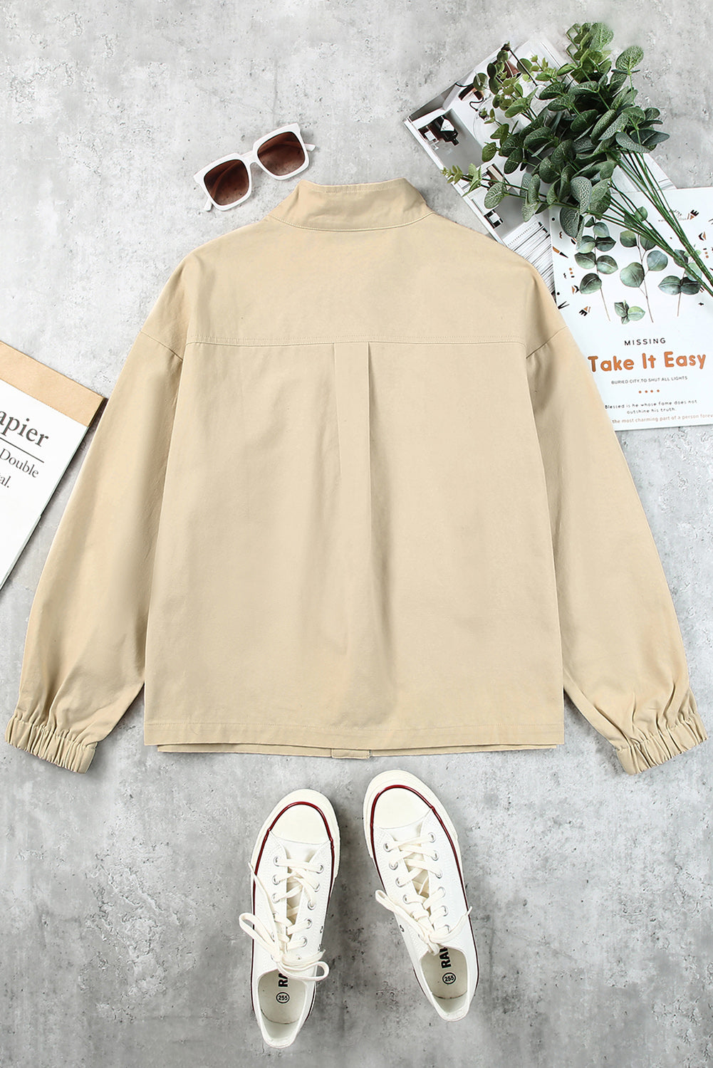 Beige Floral Patchwork Pockets Loose Fit Jacket