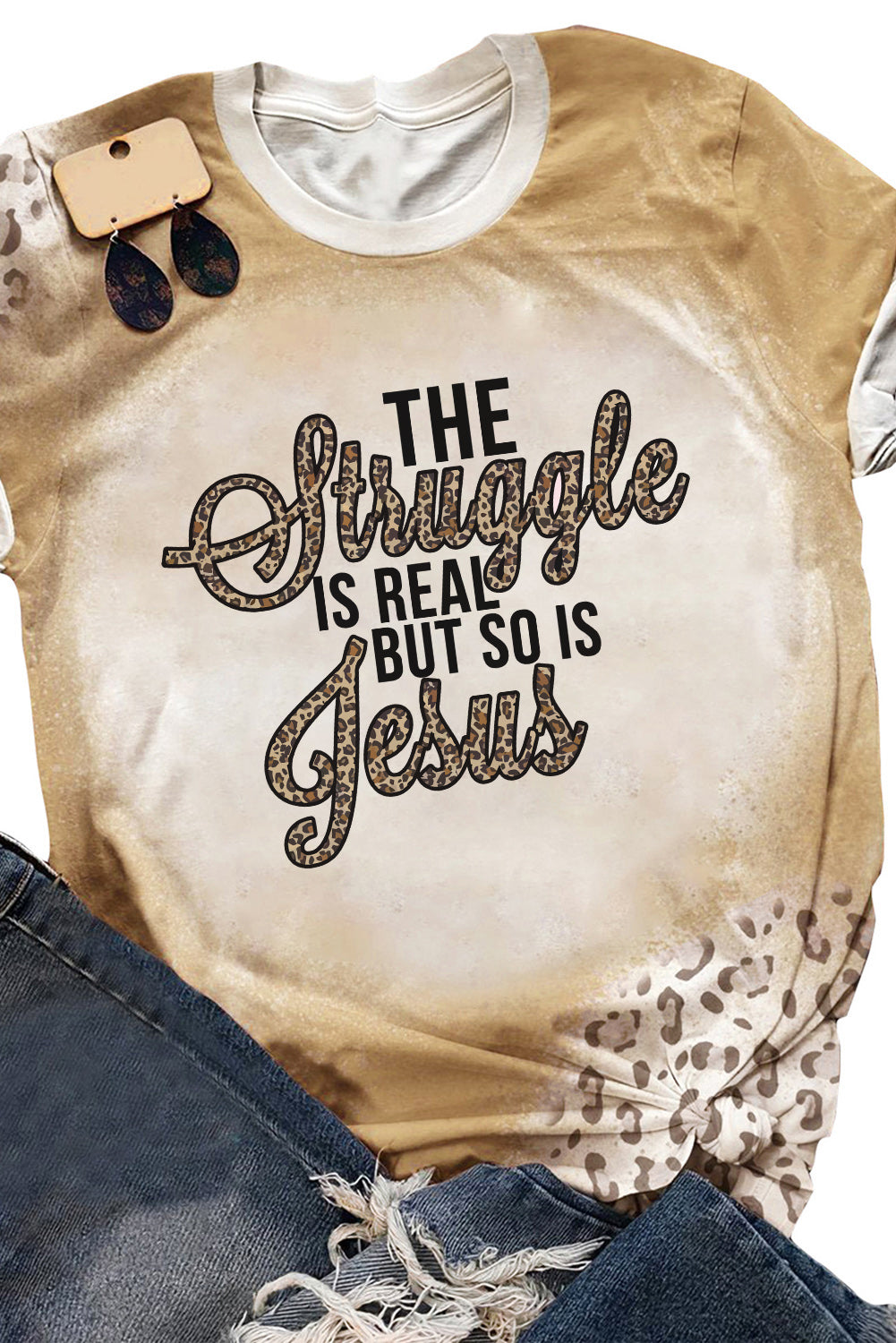 Khaki Vintage Letter Leopard Tie Dye Print Short Sleeve T Shirt